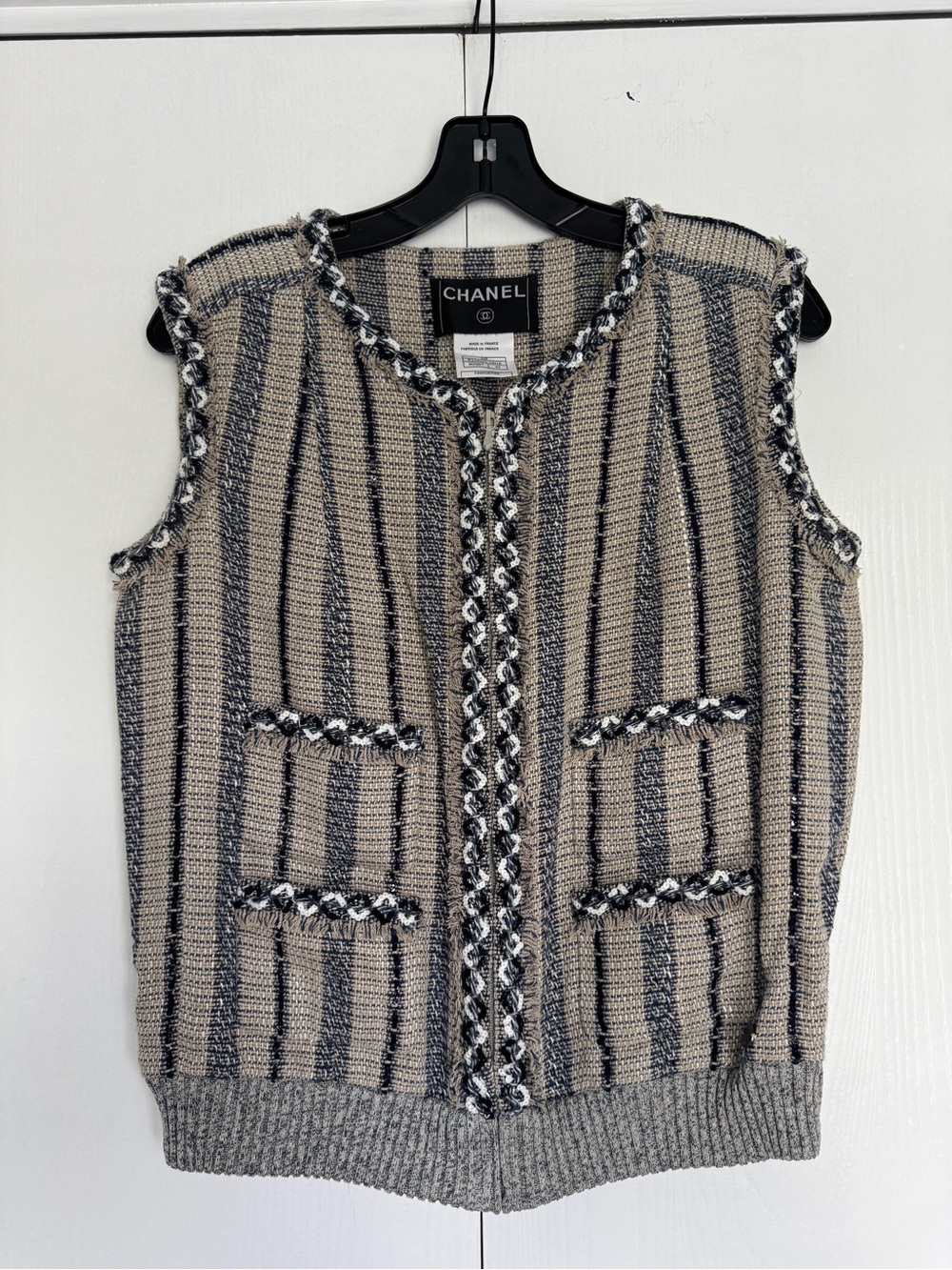 CHANEL Beige and Navy Striped Linen Blended Fabric Cardigan Vest with Zip EUR 42